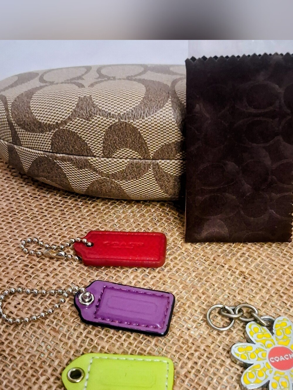COACH Bundle 3- 1.5" Leather Tags, Vintage Daisy Charm & Signature C Glass Case